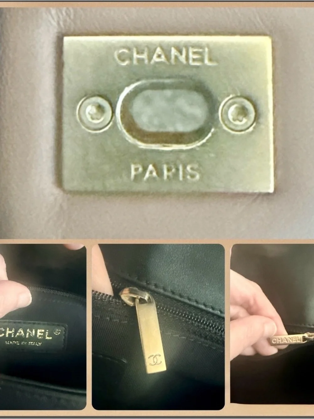 Authentic Chanel Quilted Flap Shoulder Bag - Beige with Black Trim